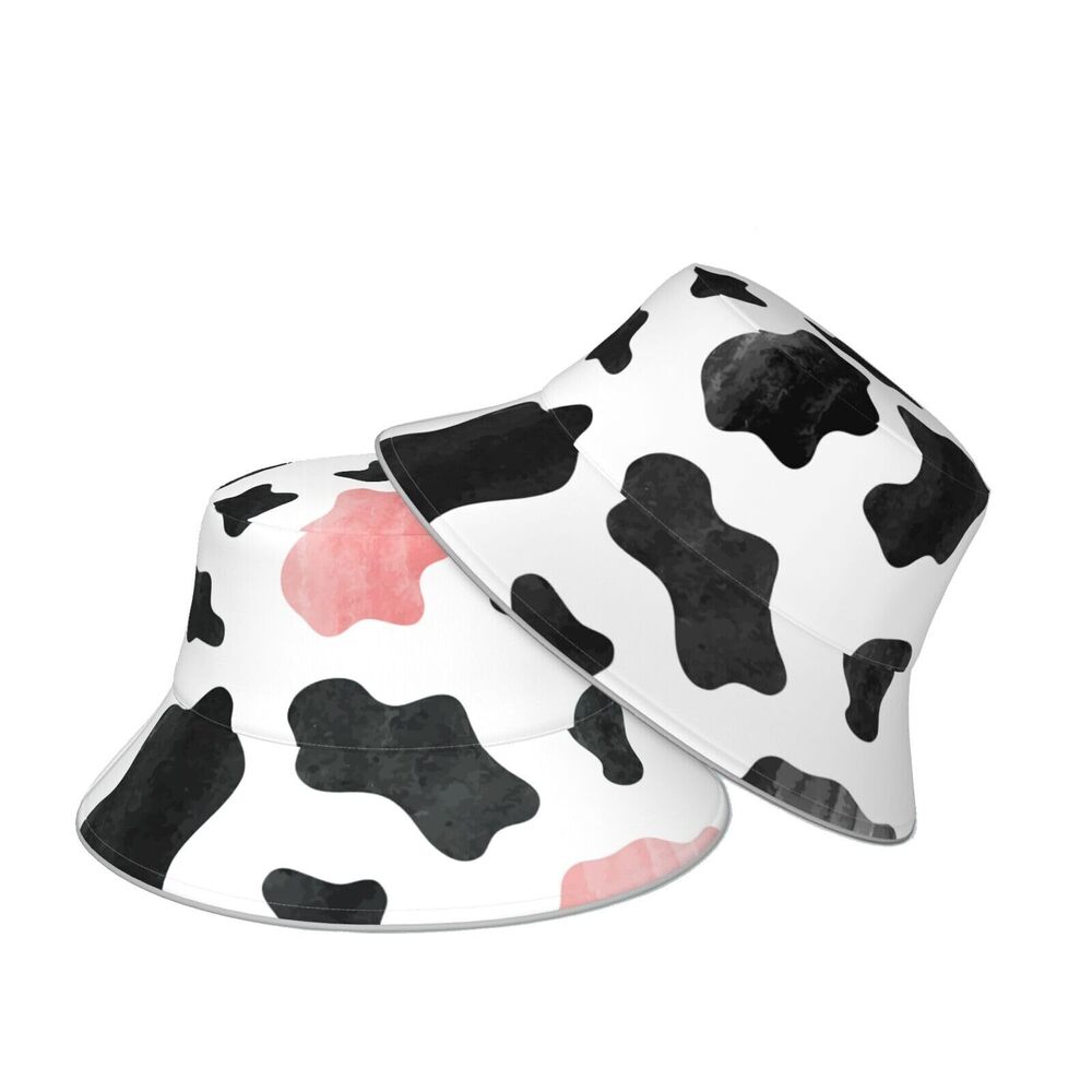6044 Black and White Cow Print Pink Bucket Hat Beach Summer Sun Hat